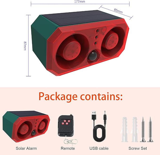 Solar Outdoor Motion Sensor Alarm, 2 * 130db Motion Detector Alarm Light, Support Recording & Adjustable Volume, Motion Activated Barking Dog Alarms for Home,Barn,Orchard,Farm,Villa