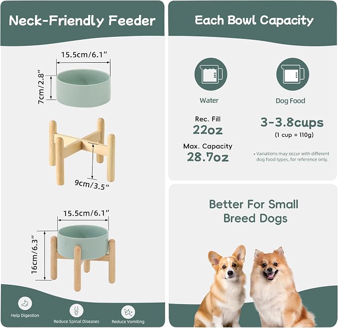 Havniva Elevated Dog Bowls Ceramic Dog Bowls with Stand, Dog Food Bowl | 6.1” Raised Dog Bowls with Non-Slip Wood Stand, Dog Food and Water Bowl Set, Dog Feeding Bowls for Small & Medium Dogs