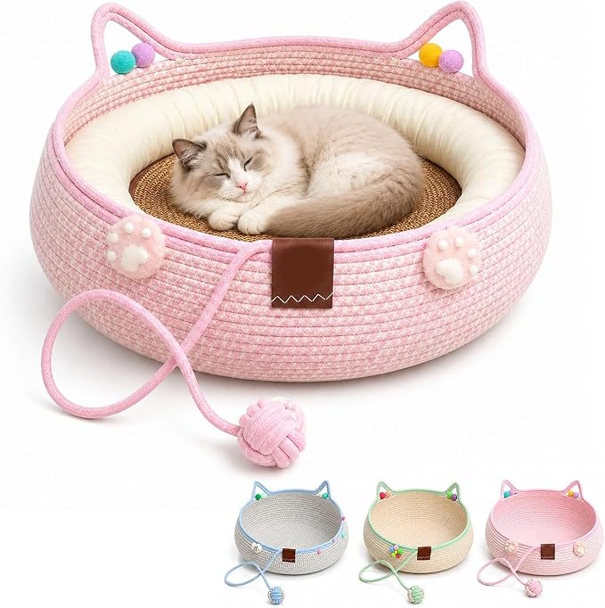 Handwoven Cotton Rope Cat Basket Bed with Hanging Ball Toy (Pink, Medium) | cat bed, woven cat basket, kitten bed, small dog bed, cat toy ball, all season pet bed, washable cat cushion