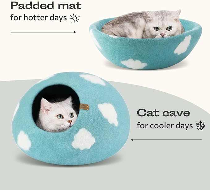 Cat Cave – Premium Felt Cat Bed Enclosure for Indoor Cats, Handmade Merino Wool (Cloud Nap Blue, Large)