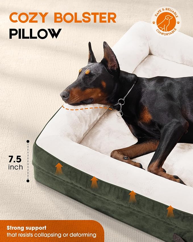 Upvilla Orthopedic Dog Bed XXL, Four-Sided Dog Sofa, Washable Cover, Green | Removable Waterproof Dog Bed Cover, Egg-Crate Orthopedic Foam, Built-In Carry Handle, Indoor Large Pet Beds, Cat Beds