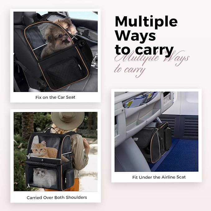 Double Cat Backpack Carrier for 2 Cats, Double-Compartment Pet Carrier Backpack for Two Small Cat or One Medium Cat, Cats Carrier Backpack Dog Carrier Backpack Fits Up to 24 Lbs,Black