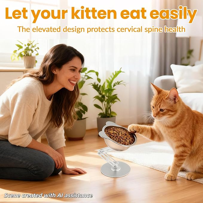 BEAVE NIUNIU Adjustable Elevated Cat Bowl Single Stand Tilted Feeder | 330ml Wide SS Bowl, 7.9in Max Height, Ergonomic Feeder for All Cats & Small Dogs
