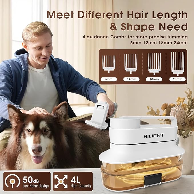 Dog Grooming Vacuum Kit with 4L Dust Cup, 6 Pet Grooming Tools for Home Grooming, Low-Noise Pet Hair Grooming System for Dogs & Cats