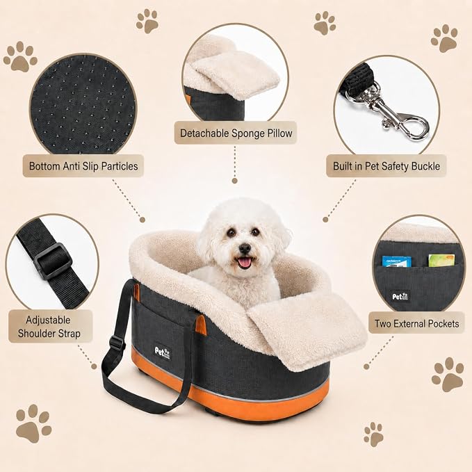 Pet Car Center Console Elevated Armrest Car Seat for Small Puppy, Dogs & Cats (Up to 10 lbs) – Dark Gray Washable Plush Carrier with Safety Leash, Fits Front Vehicle Console Space (Dark Grey)