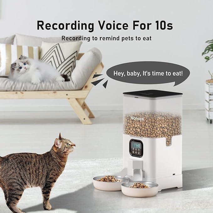 Distributeur automatique de nourriture Voluas pour deux chats, distributeur double pour animaux avec 2 gamelles en acier inoxydable, distributeur de nourriture pour chat de 6 L avec fonction de mémorisation