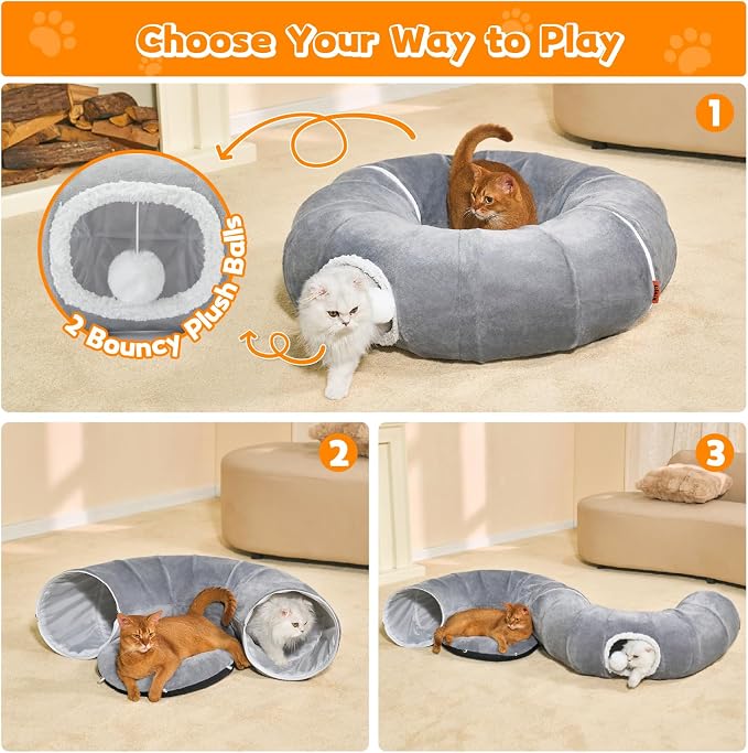 Cat Tunnel Bed for Indoor Cats 35.5 Inch XL Cat Donut Tunnels Grey | 2 in 1 Cat Tunnels for Indoor Cats Kitten Puppy Rabbit Pet Tunnel Toy with Washable Cushion Bed Grey