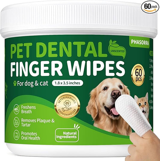 Dog & Cat Tooth Brushing kit - 60Ct Dog Toothbrush & Toothpaste Alternatives, Dental Care Wipes, Heavy Duty Teeth Cleaning, Remove Tartar & Plaque, Breath Freshener