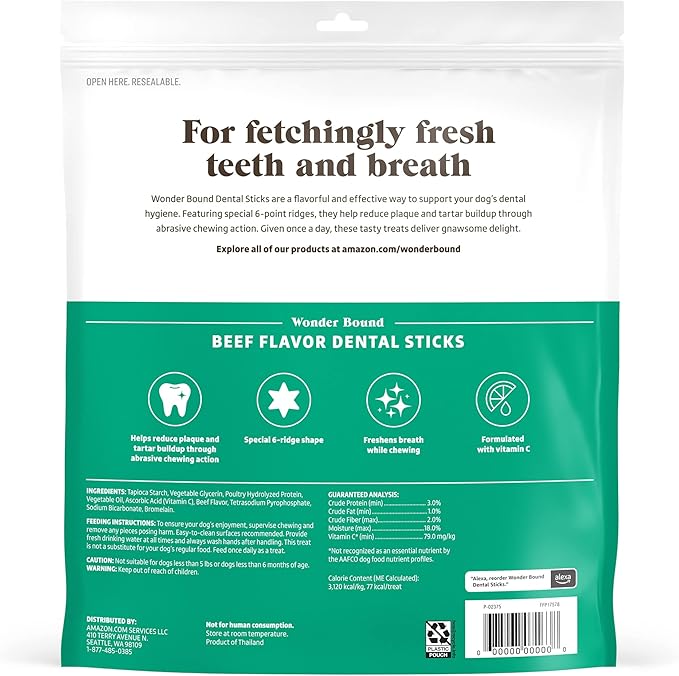 Wonder Bound Beef Flavor Dental Sticks for Large Dogs (Over 30 lbs), 6-Ridge Shape for Plaque & Tartar Control, Freshens Breath, Formulated with Vitamin C, 40 Count (Pack of 2)