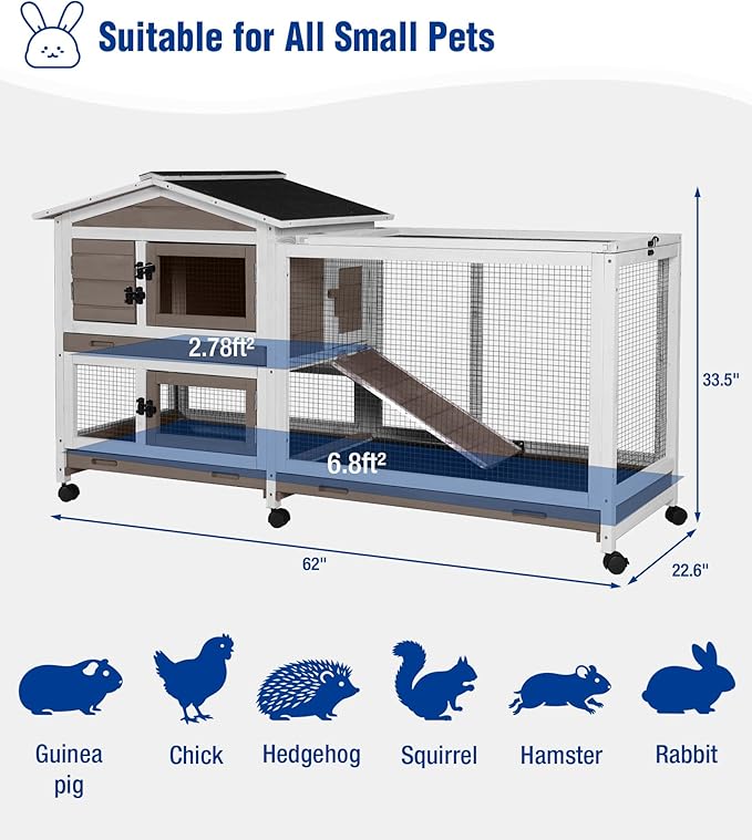 Large Rabbit Hutch Indoor, Bunny Cage Outdoor with Chew-Proof Ramp, 2-Story Guinea Pig Cages with 6 Wheels, 3 Pull-Out Trays, Waterproof Asphalt Roof, 62" L - Brown