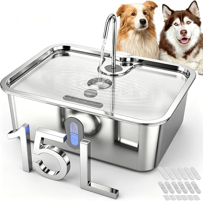 15L/4Gal Stainless Steel Dog Water Fountion Pet Fountain,6Set Filter | Ultra Quiet,Extra Large Capacity,5 Layer Filtration System,Water Level Window & LED Light,Visible Faucet-Style Spout