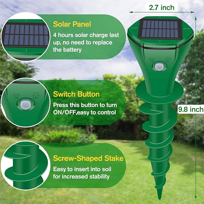 Mole Repellent Solar Powered, 2 Pack Ultrasonic Gopher Repeller IP65 Waterproof for Lawn Garden Yard, Sonic Vole Repellent Mole Killer Outdoor Get Rid of Snake Groundhog Chipmunk Squirrels-Green