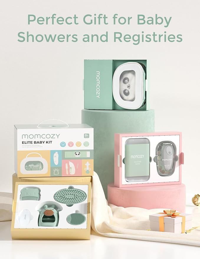 Momcozy Elite Baby Kit, Superior Baby Shower Gift & Registry Essential Kit | Grooming&Health&Cleansing Care Set,Electric Nail File & Nasal Aspirator,Tummy Wrap,Thermometer,Bath Brush,Teether,Storage Bag