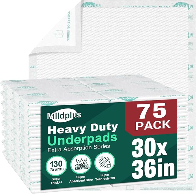 MILDPLUS Heavy Duty Underpads 30x36 Inch, 75 Count, Ultra 10 Times More Absorbent & Tear-Resistant Disposable Bed Pads with Cloth Backing for Incontinence, Adults & Elderly Care