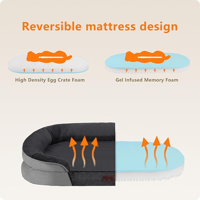 Dwanton Orthopedic Dog Bed for Large Dogs with Gel Memory Foam, Waterproof Dog Sofa, Washable Pet Bed with Four Sided Bolster Cushion, Removable Cover & Non-Slip Bottom, 42", Dark Grey