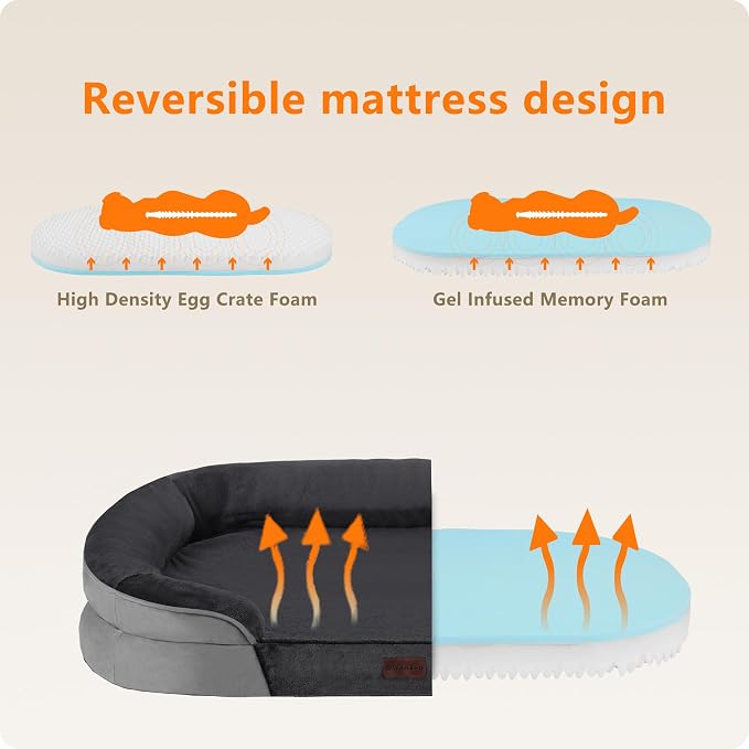Dwanton Orthopedic Dog Bed for Extra Extra Large Dogs with Gel Memory Foam, Waterproof Dog Sofa, Washable Pet Bed with Four Sided Bolster Cushion, Removable Cover & Non-Slip Bottom, 53", Dark Grey