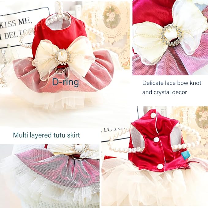 ANIAC Retro Dog Tulle Dress with Leash Ring Spring Summer Girl Puppy Clothes for Small Dog Cat Apparel Formal Pet Prom Dress for Christmas Wedding Birthday Valentines (Red, X-Large)
