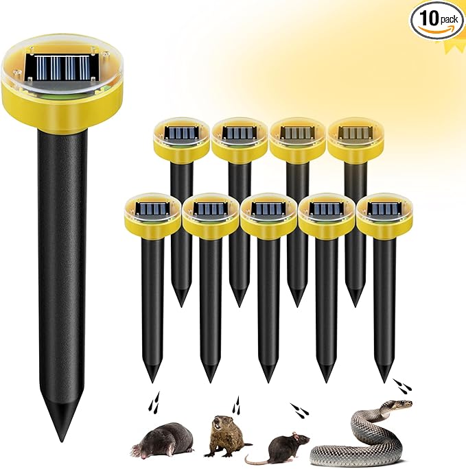 10 Pack Solar Powered Snake Repellent for Yard, Ultrasonic Mole Repellent, Gopher Repeller Sonic Mole Deterrent Spikes, Snake Gopher Mole Vole Repellent Outdoor for Lawn Garden & Yard
