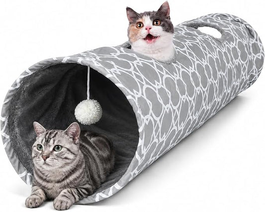 Geometric Straight Cat Tunnel with Plush Inside,Cats Toys Collapsible Tunnel Tube with Balls, for Rabbits, Kittens, Ferrets,Puppy,Diameter 11.8 Inch