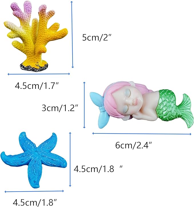 Ocean Theme Aquarium Decor 4-Piece Set: Ceramic Shell Cave, Resin Coral & Starfish, Cute Mermaid Figurine - Hideout & Ornament for Betta Fish, Shrimp, Small Fish Tank