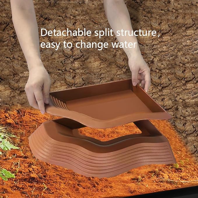 3 Pcs Large Tortoise Water Dish with Ramp Leaf Tortoise Water Food Bowls Reptile Water Dish Amphibians Habitat Accessories for Lizard Turtle Horned Frog Brown