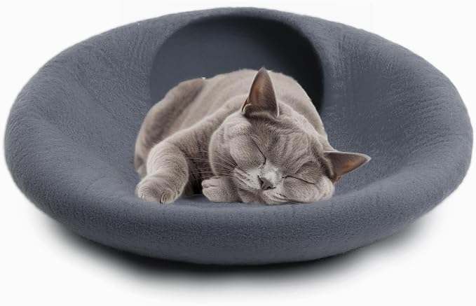 Luxurious Merino Wool Cat Cave - Foldable Hideaway Pod for Indoor Cats - Premium Felt Kitten Pet Enclosure - Covered Cat House for Ultimate Cozy Comfort by Woolygon (Grey Plain)