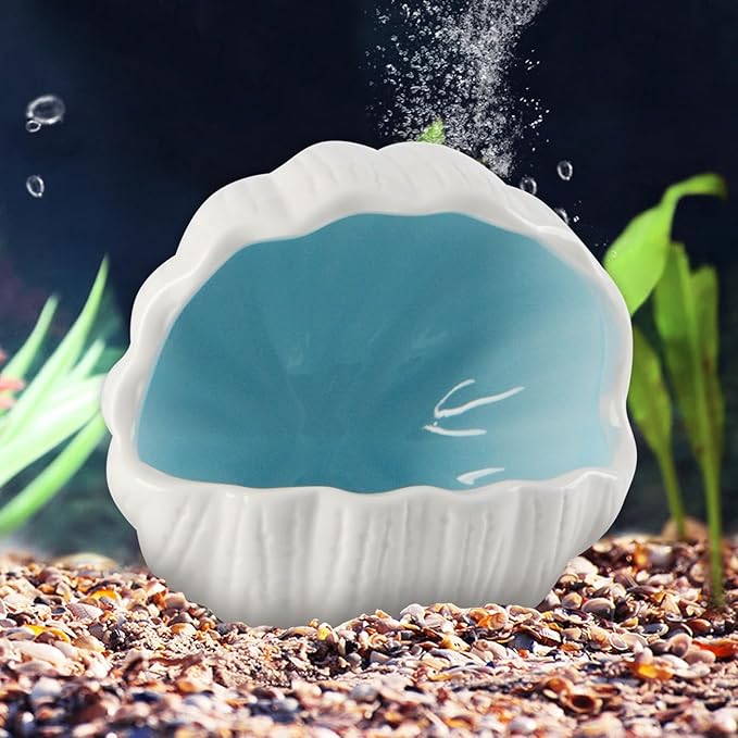 AnRui Cute Betta Fish Tank Decor Ceramic Conch Shell-Shaped House Thematic Hideout Cave for Fish Playing or Hiding Underwater World Aquarium Background Pearl Ornament, Blue
