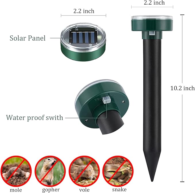 Mole Repellent 10 Pack, Animal Repeller Solar Powered Snake Ultrasonic Gopher Deterrent, Outdoor Waterproof Vole Vibration Stakes,Sonic Spike for Rodent Groundhog Snake Chipmunk