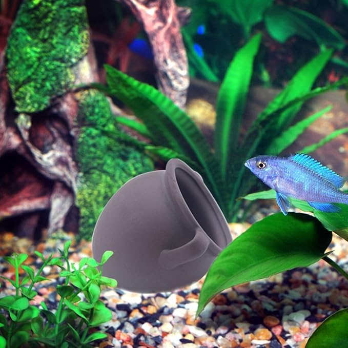 AnRui Ceramic Jar Aquarium Ornament Decor Natural Clay Vase Betta House Hideout Cave Pot Fish Tank Decorations Accessories for Cichlid, Small Fish, Shrimp to Play Hide Breed Habitat, Small