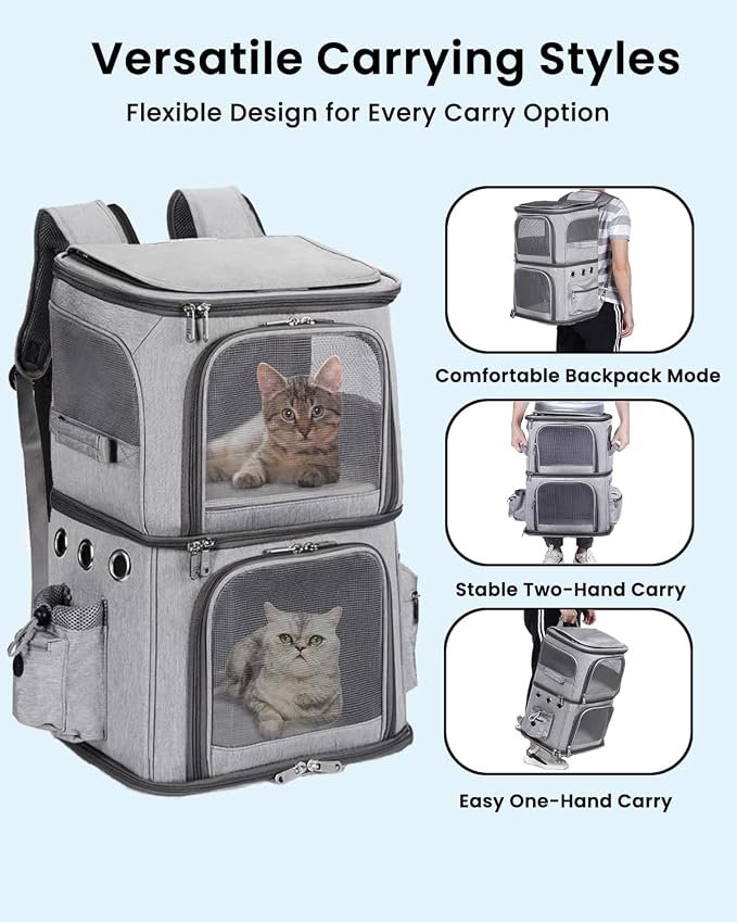 HOVONO Double-Compartment Cat Backpack Carrier for 2 Pets up to 18 lbs | 2-in-1 Pet Backpack Carrier for Small Cats & Dogs, Perfect for Traveling/Hiking /Camping/Vet Grey