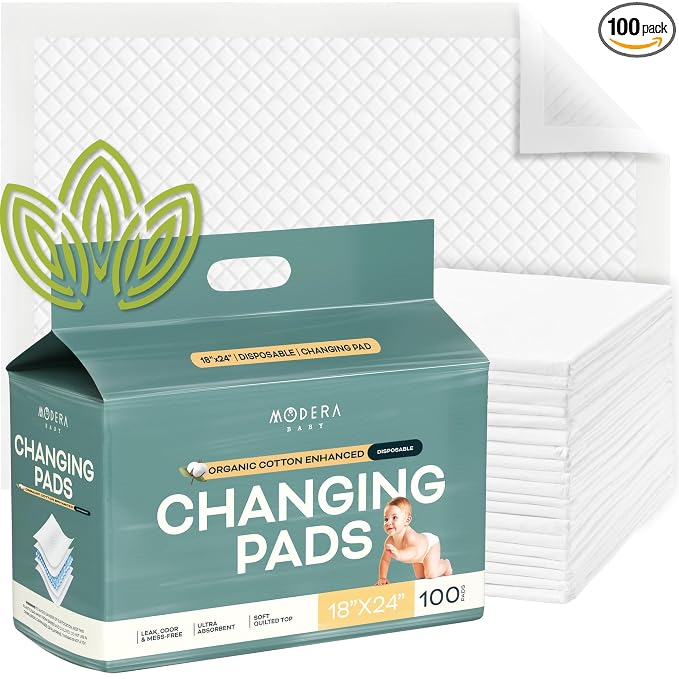 Organic Cotton Enhanced Disposable Changing Pad Liners | Large 18x24 Hypoallergenic Ultra Absorbent Waterproof Super Soft Quilted Underpads for Baby Diaper Table/Travel, Leak Proof Mess Free 100-Pack
