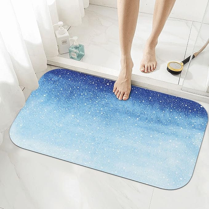 Door Mat, Winter Quick Dry Bath Mat, Christmas Falling Snow Splashes Stains of Watercolor, 31.4" W x 19.6" L, Multi-Purpose Rubber Floor Mat,Blue