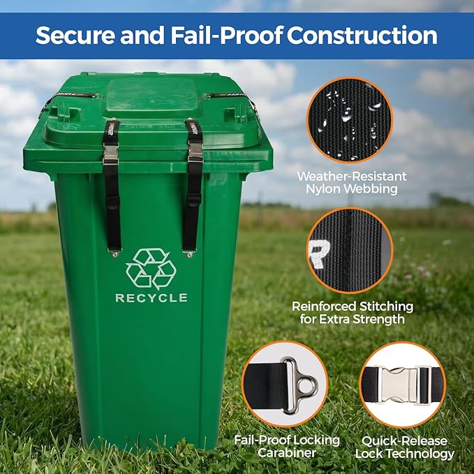 2PCS Heavy-Duty Bear Proof Trash Can Locks - Animal-Proof Garbage Can Lid Straps for 28-96 Gallon Outdoor Bins, Secure Locking Buckle Against Raccoons & Wildlife - Black