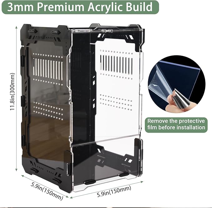 Jumping Spider Enclosure - 3mm Black Transparent Acrylic Terrarium for Tarantulas, Mantises & Frogs, 11.8x5.9x5.9 Inch Mechanical Frame Habitat with Magnetic Feeding Hole & Rotating Lock