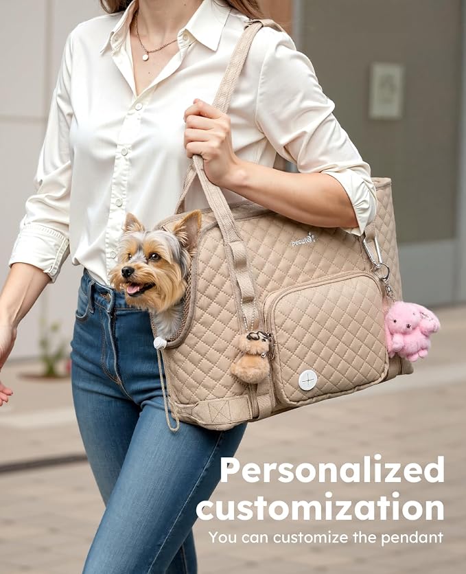 Pecute Dog Purse Carrier, Dog Carrier with Pockets for Small Dogs, Fits Dogs 5 lbs to 9 lbs, Cat and Puppies Tote Bag, Outing, Travel, Vet, Khaki | Breathable,Foldable,Large Pocket,Built-in safety Rope,Machine washable,Under 9 Lbs