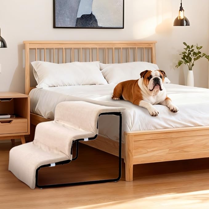 Dog Steps with Beside Pet Bed Set for Bed Window Sofa Dog Window Perch with Stairs for Small Pets Pet Steps and Window Perch with Sturdy Metal Frame and Soft Cushion for Small Dogs (with Pet Bed)