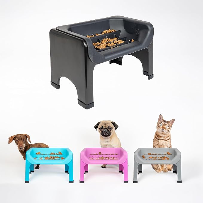 The Fluff Trough Elevated Slow Feeder Dog Bowl - Prevents Fast Eaters from Binging & Choking on Food, Minimizes Neck Strain, Suitable for Flat-Faced Pets, Vet Recommended, Dishwasher Safe, Black