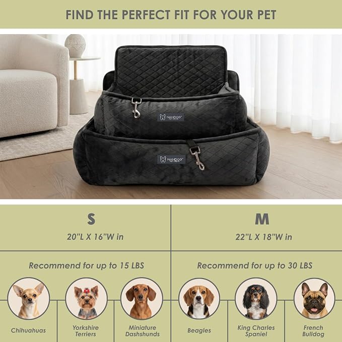 NANDOG Luxury Dog Car Seat Bed for Medium Dogs, Micro Plush Pet Seat with Removable & Washable Cushion Insert, Thick Safety Seatbelt Straps, Secure Travel Carrier, Charcoal Dark Grey, 22" L x 18" W