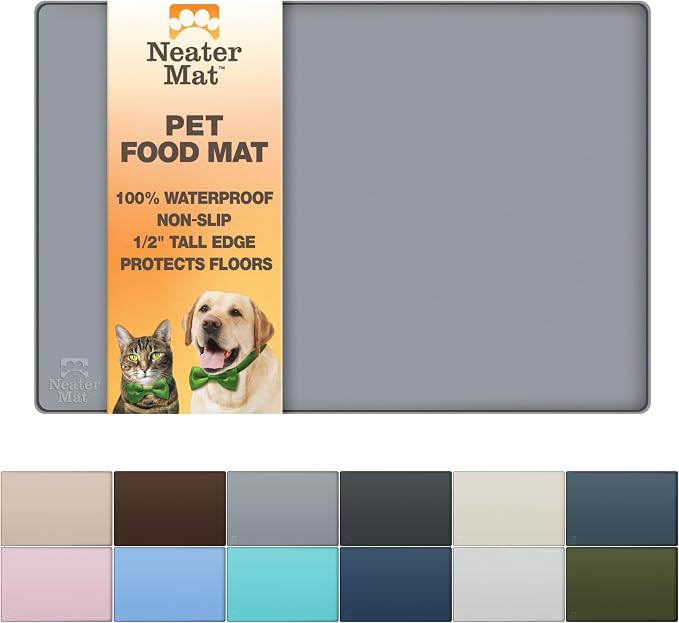 Neater Pet Brands Neater Mat Cat & Dog Food Mat, Waterproof & BPA-Free Silicone Placemat with Raised Edge for Under Food and Water Bowls, 19" x 12", Gunmetal Grey