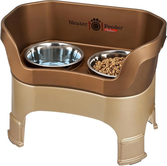 Neater Feeder Deluxe Mess-Proof Elevated Dog Bowls for Large Dogs (40+ lbs), 2 Height Adjustable (14.5” & 17.5”) No-Spill Raised Dog Bowl Stand, Stainless Steel Food Bowl Set, Made in USA, Bronze