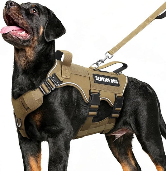Service Dog Vest and Leash Set,Heavy Duty Tactical Dog Harness with Metal Buckles for Large Dogs,Adjustable No-Pull Dog Harness with 10 Patches,for Training Working,Brown XL