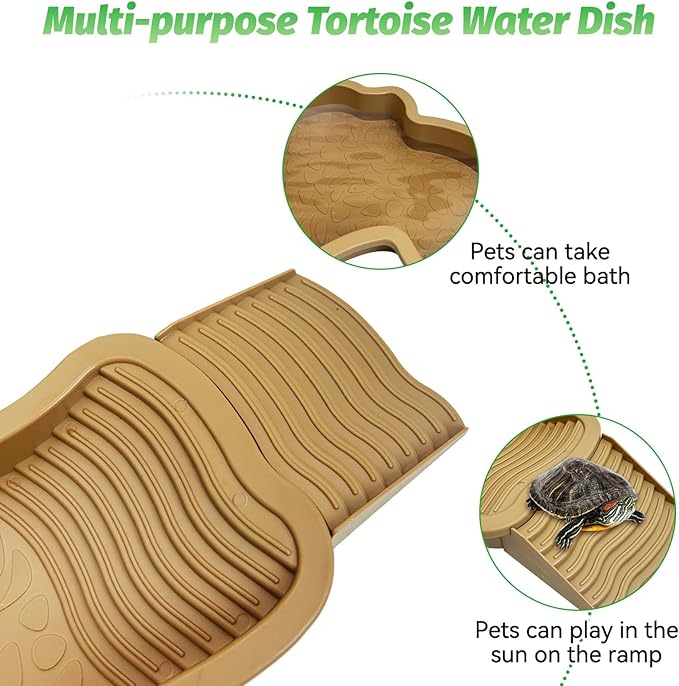 PINVNBY Large Reptile Bathing Pool Tortoise Water Dish with Removable Ramp and Leaf Reptile Food Dish & Water Bowl Tortoise Habitat Accessories for Turtle Lizard Gecko Snake (Yellow)