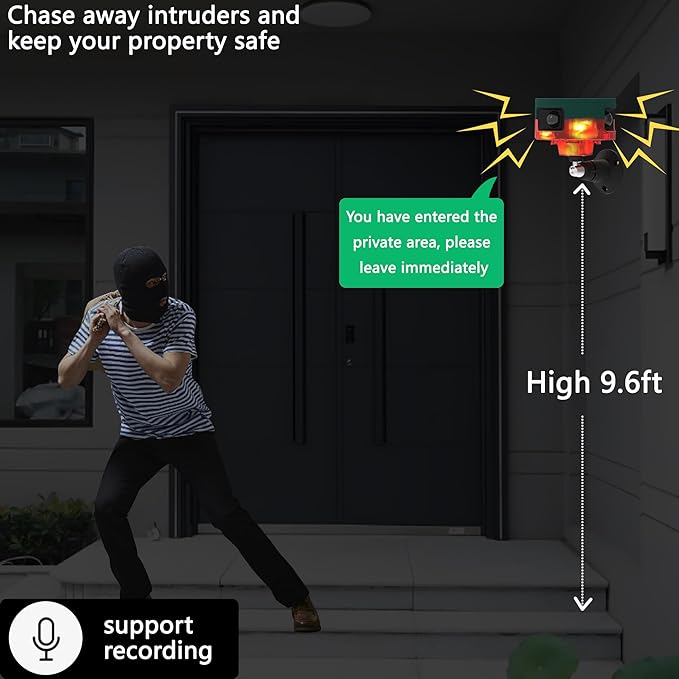Solar Outdoor Motion Sensor Alarm - Dog Barking&Gunshot Sound, 13 Kinds of Sound Strobe Light, 130db Loud Noise Maker, Support Recording, Keep Unwanted Explorers at Bay (1 Pack)