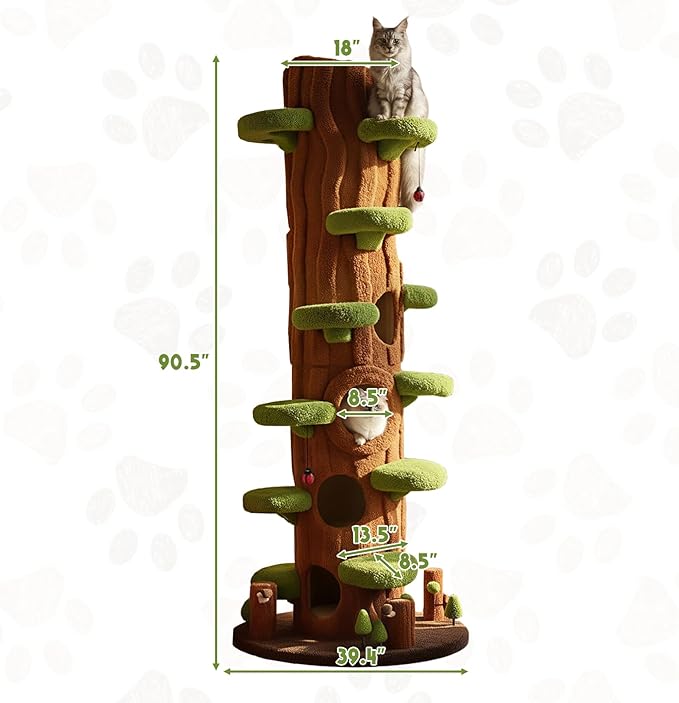 2-Pack 90.5" Tall Cat Tree for Indoor Cats, KAMABOKO Multi-Level Tall Cat Tower with Sisal-Covered Scratching Posts, Plush Perches, Hanging Toys & Spring Toys, Large Kitty Condo with Jumping Platforms