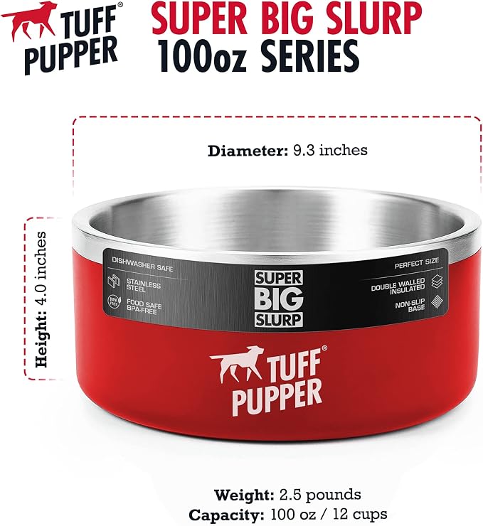 Tuff Pupper 100 oz Heavy Duty Insulated Stainless Steel Dog Bowl for Large Dogs, Non-Slip Base, Dishwasher Safe