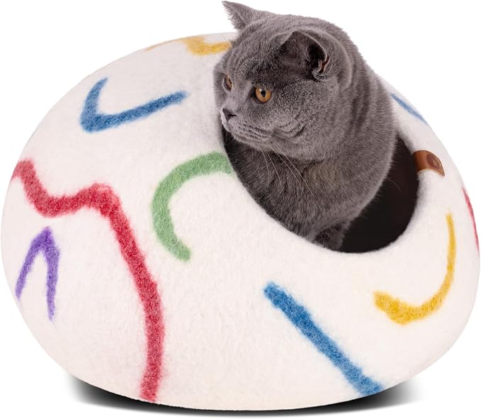 Cat Cave – Premium Felt Cat Bed Enclosure for Indoor Cats, Handmade Merino Wool (Ivory Rainbow, Medium)