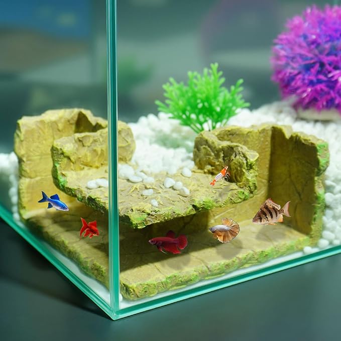 90° Corner Fish Cave Viewing Tunnels | Realistic Rock Formation Hideout for Shrimp, Plecos, Cichlids | BPA-Free Premium Resin, Safe for Aquarium (5.3”x5.3”x2.8”)
