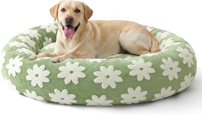JOEJOY Jacquard Donut Round Dog Beds Large Sized Dog,Green 36x36x8in, Removable Washable Cover, Cute Pattern, Ultra Soft Fluffy Calming Pet Bed with Thick Supportive Bolster