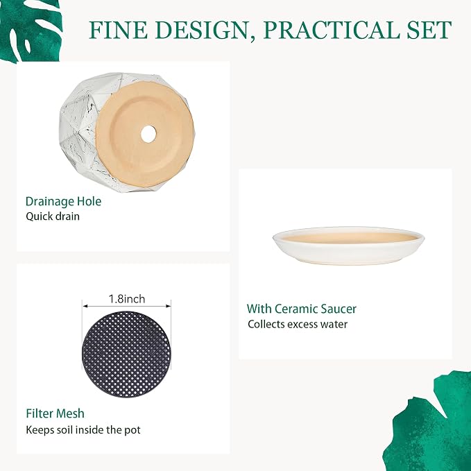 7.8 Inch Ceramic Plant Pot with Drainage Hole Mesh Net, Large Flower Pots for Indoor Plants with Saucer, Gardening Pots Outdoor
