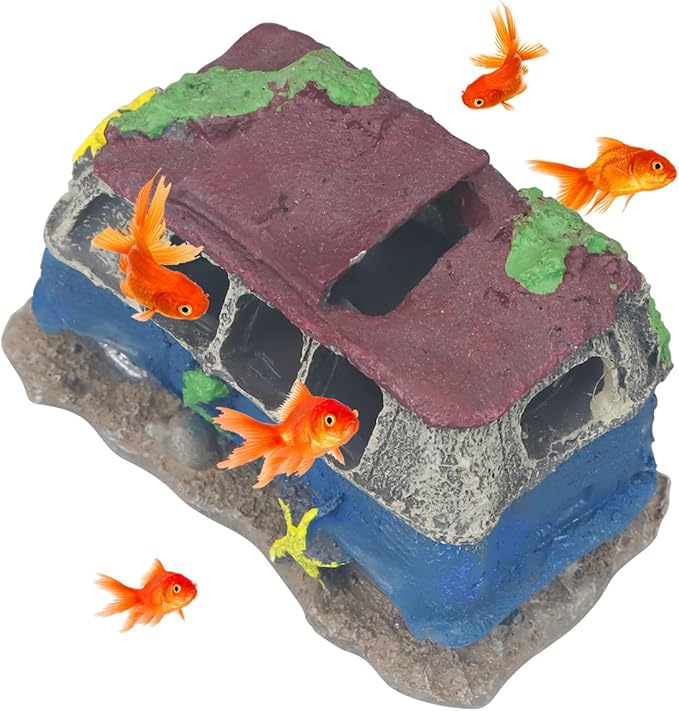 Virekm Aquarium Decor, Aquarium Decorations for Fish Tank - Realistic Resin Rock Cave Hideouts, Safe Fish Tank Ornaments with Natural Design for Betta, Goldfish, Shrimp - Easy to Clean (School Bus)
